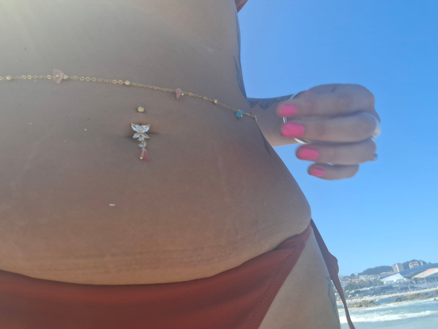 chica de la isla turquoise and pink quartz waist chain 𖥸.𖥔˖