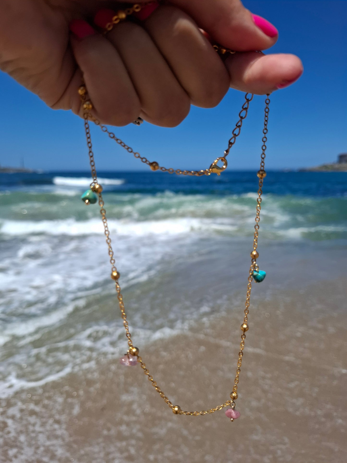 chica de la isla turquoise and pink quartz waist chain 𖥸.𖥔˖